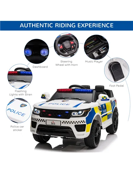 HOMCOM 12V Kids Electric Ride On Police Car 2 Motors with Parental Remote Control Siren Flashing Lights USB Portable for 3-6 Yea