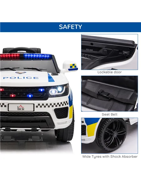 HOMCOM 12V Kids Electric Ride On Police Car 2 Motors with Parental Remote Control Siren Flashing Lights USB Portable for 3-6 Yea