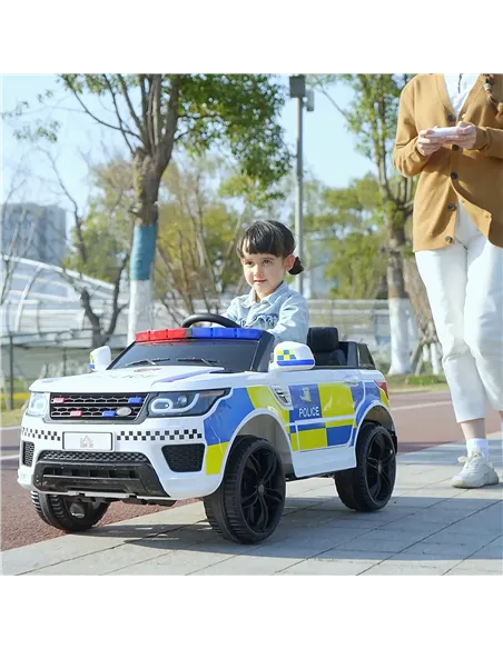 HOMCOM 12V Kids Electric Ride On Police Car 2 Motors with Parental Remote Control Siren Flashing Lights USB Portable for 3-6 Yea