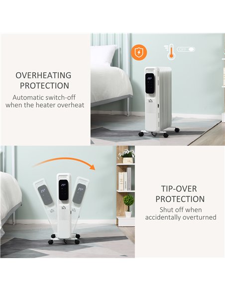 HOMCOM 2500W Oil Filled Radiator, 11 Fin Portable Electric Heater with LED Display, 24H Timer, 3 Heat Settings, Adjustable Therm
