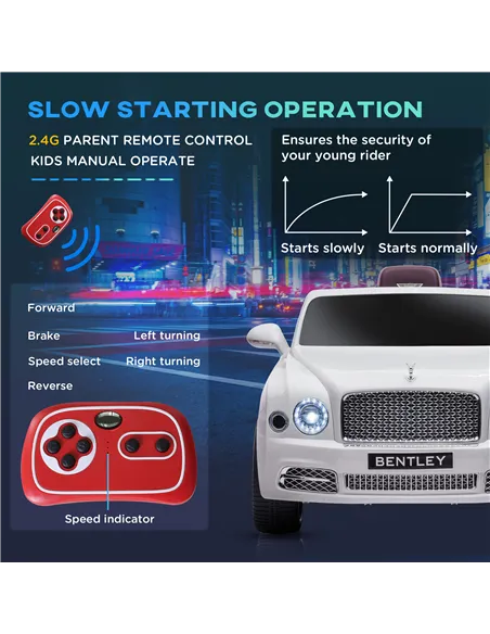 HOMCOM Bentley Mulsanne Licensed Kids Electric Ride-On Car, with Remote Control. LED lights, Music - White