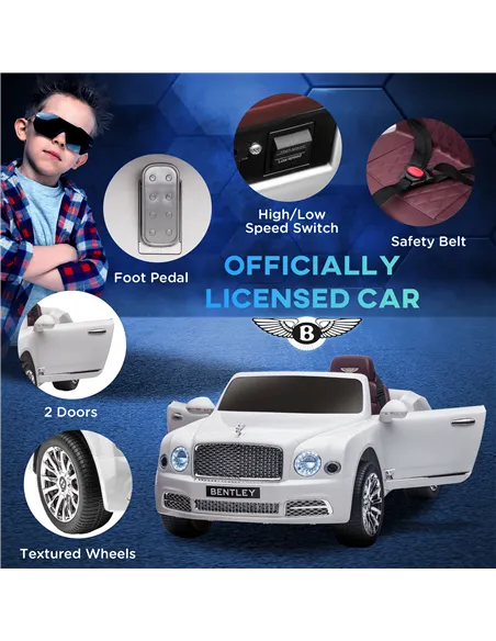 HOMCOM Bentley Mulsanne Licensed Kids Electric Ride-On Car, with Remote Control. LED lights, Music - White