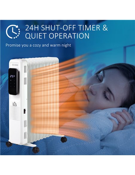 HOMCOM 2500W Oil Filled Radiator, 11 Fin Portable Electric Heater with LED Display, 24H Timer, 3 Heat Settings, Adjustable Therm