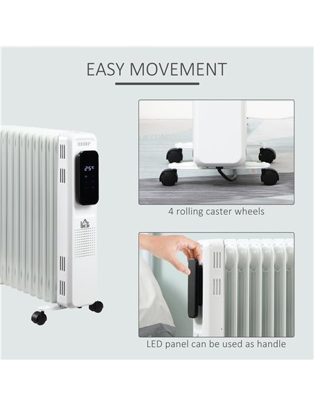 HOMCOM 2500W Oil Filled Radiator, 11 Fin Portable Electric Heater with LED Display, 24H Timer, 3 Heat Settings, Adjustable Therm
