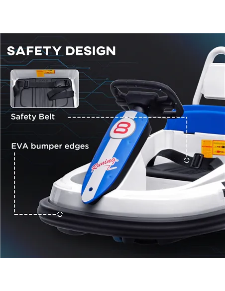 HOMCOM 6V Electric Kids Bumper Car, 6V Spin Waltz Car, with Music, Horn, Lights - White