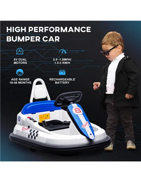 HOMCOM 6V Electric Kids Bumper Car, 6V Spin Waltz Car, with Music, Horn, Lights - White