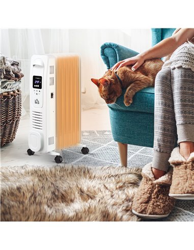 HOMCOM 1500W Digital Oil Filled Radiator, 7 Fin, Portable Electric Heater with LED Display, Built-in Timer, 3 Heat Settings, Saf