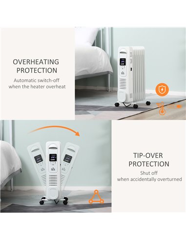 HOMCOM 1500W Digital Oil Filled Radiator, 7 Fin, Portable Electric Heater with LED Display, Built-in Timer, 3 Heat Settings, Saf