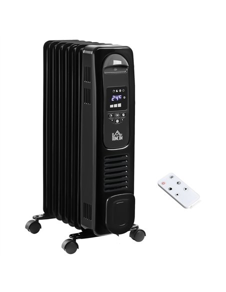 HOMCOM 1500W Digital Oil Filled Radiator, 7 Fin, Portable Electric Heater with LED Display, Built-in Timer, 3 Heat Settings, Saf