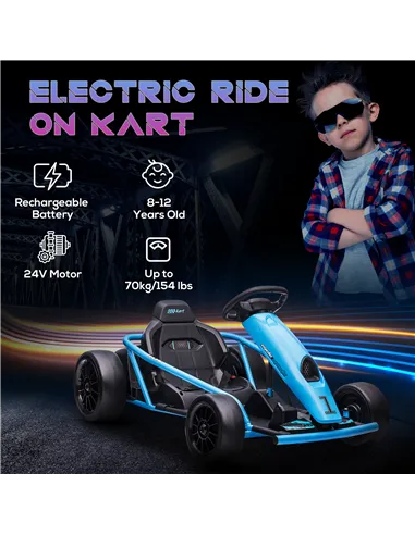 HOMCOM 24V Drift Kart, Electric Ride-On Racing Go Kart w/ 2 Speeds, Steering Wheel, Pedals for Kids Aged 8-12, Blue