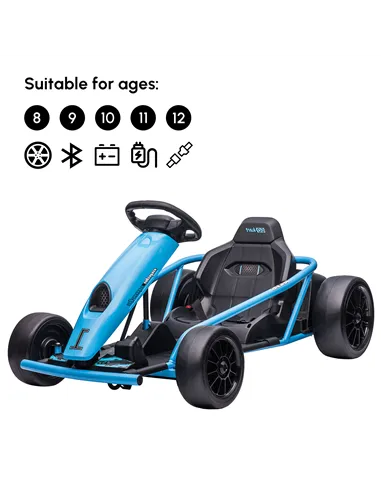HOMCOM 24V Drift Kart, Electric Ride-On Racing Go Kart w/ 2 Speeds, Steering Wheel, Pedals for Kids Aged 8-12, Blue