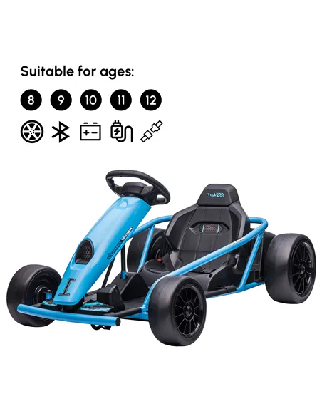 HOMCOM 24V Drift Kart, Electric Ride-On Racing Go Kart w/ 2 Speeds, Steering Wheel, Pedals for Kids Aged 8-12, Blue