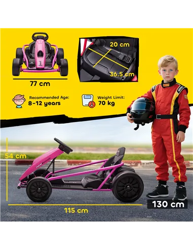 HOMCOM 24V Electric Go Kart for Kids, Drift Ride-On Racing Go Kart with 2 Speeds, for Boys Girls Aged 8-12 Years Old, Pink