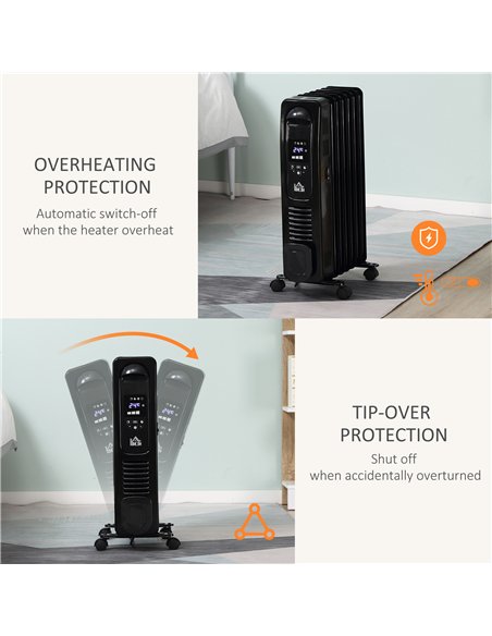 HOMCOM 1500W Digital Oil Filled Radiator, 7 Fin, Portable Electric Heater with LED Display, Built-in Timer, 3 Heat Settings, Saf