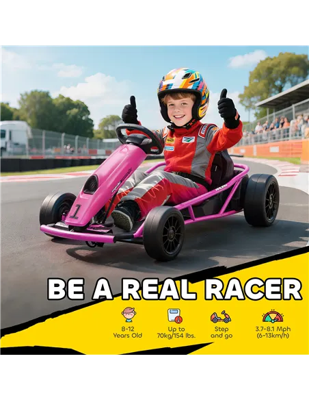 HOMCOM 24V Electric Go Kart for Kids, Drift Ride-On Racing Go Kart with 2 Speeds, for Boys Girls Aged 8-12 Years Old, Pink