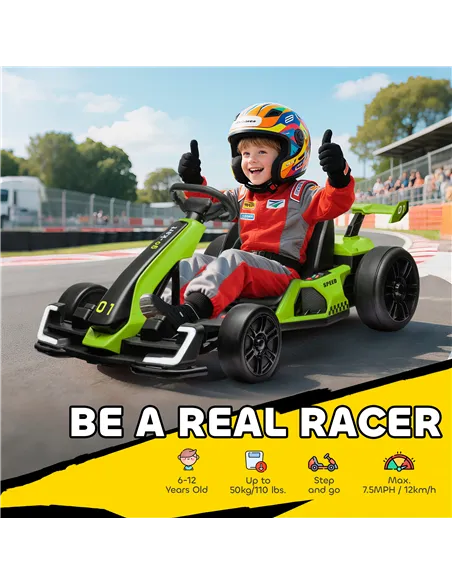 HOMCOM 24V Electric Go Kart for Kids with Adjustable Seat for 6-12 Years, Green