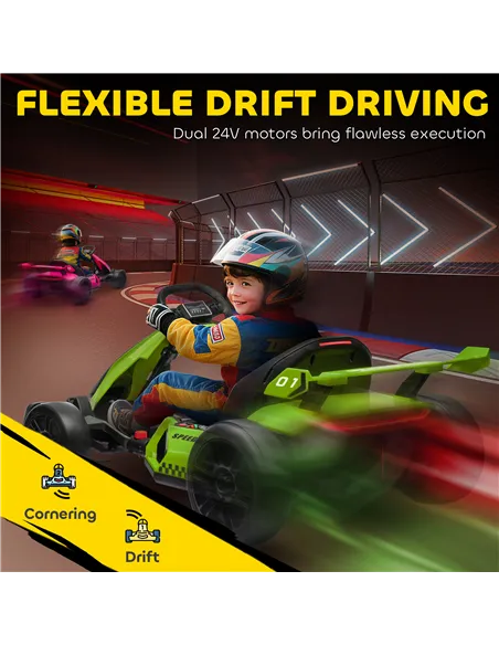 HOMCOM 24V Electric Go Kart for Kids with Adjustable Seat for 6-12 Years, Green