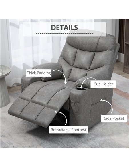 HOMCOM Thick Padded Faux Leather Recliner Armchair - Light Grey