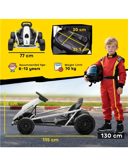 HOMCOM 24V Electric Go Kart for Kids, Drift Ride-On Racing Go Kart with 2 Speeds, for Boys Girls Aged 8-12 Years Old, White
