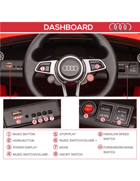 HOMCOM Kids Licensed Audi TT Ride-On Car 12V Battery w/ Remote Suspension Headlights and MP3 Player 3km/h Red