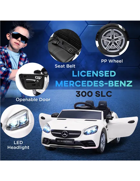 HOMCOM Benz SLC 300  Licensed 12V Kids Electric Ride On, with Music, Remote Control, LED Headlights, Horn, White