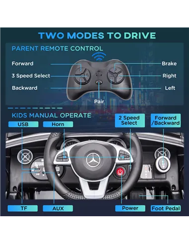 HOMCOM Benz SLC 300  Licensed 12V Kids Electric Ride On, with Music, Remote Control, LED Headlights, Horn, Black