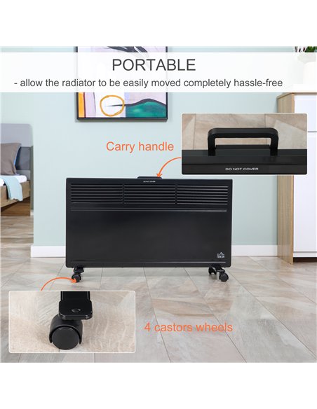 HOMCOM POWER Convector Radiator Freestanding or Wall-mounted Heating with 2 Heat Settings Safety Cut-Off, Black