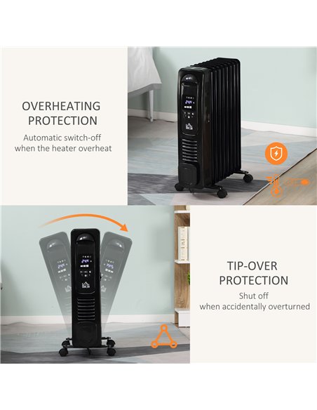 HOMCOM 2000W Digital Oil Filled Radiator, 9 Fin, Portable Electric Heater with LED Display, Timer, 3 Heat Settings, Safety Cut-O