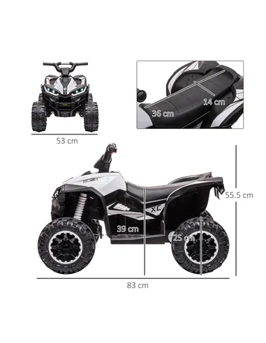 HOMCOM 12V Ride-On Quad Bike w/ Music, Horn, for Ages 3-5 Years - White