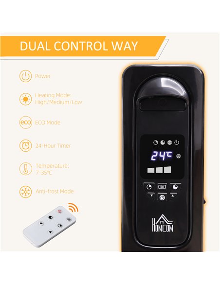 HOMCOM 2000W Digital Oil Filled Radiator, 9 Fin, Portable Electric Heater with LED Display, Timer, 3 Heat Settings, Safety Cut-O