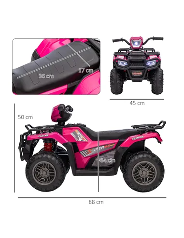 HOMCOM 12V Kids Quad Bike with Forward, Reverse Functions, Ride-On ATV w/ Music, LED, Headlights, for Ages 3-5 Years - Pink
