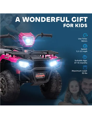 HOMCOM 12V Kids Quad Bike with Forward, Reverse Functions, Ride-On ATV w/ Music, LED, Headlights, for Ages 3-5 Years - Pink