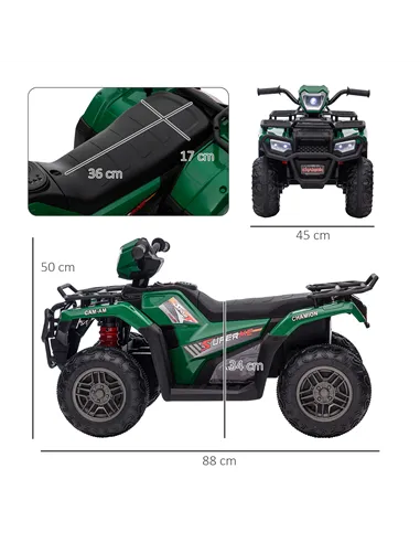 HOMCOM 12V Kids Quad Bike with Forward, Reverse Functions, Ride-On ATV w/ Music, LED, Headlights, for Ages 3-5 Years - Green