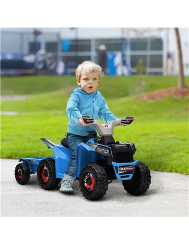 HOMCOM 6V Quad Bike with Back Trailer, Wear-Resistant Wheels, for Ages 18-36 Months, Blue