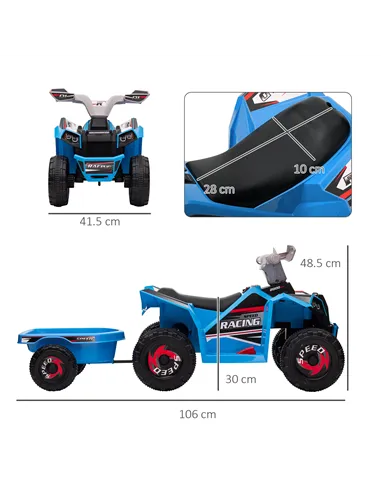 HOMCOM 6V Quad Bike with Back Trailer, Wear-Resistant Wheels, for Ages 18-36 Months, Blue