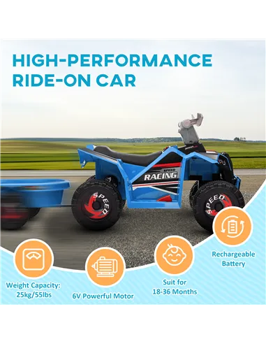 HOMCOM 6V Quad Bike with Back Trailer, Wear-Resistant Wheels, for Ages 18-36 Months, Blue