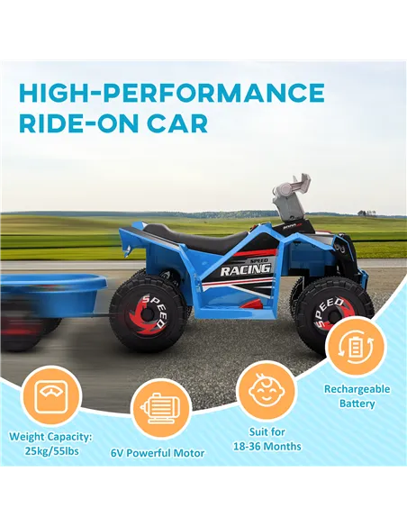 HOMCOM 6V Quad Bike with Back Trailer, Wear-Resistant Wheels, for Ages 18-36 Months, Blue