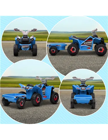 HOMCOM 6V Quad Bike with Back Trailer, Wear-Resistant Wheels, for Ages 18-36 Months, Blue
