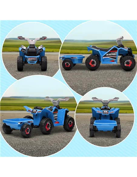 HOMCOM 6V Quad Bike with Back Trailer, Wear-Resistant Wheels, for Ages 18-36 Months, Blue