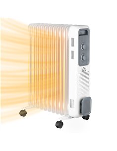 HOMCOM 2500W Oil Filled Radiator, 11 Fin, Portable Electric Heater with 3 Heat Settings, Safety Cut-Off and Wheels, White