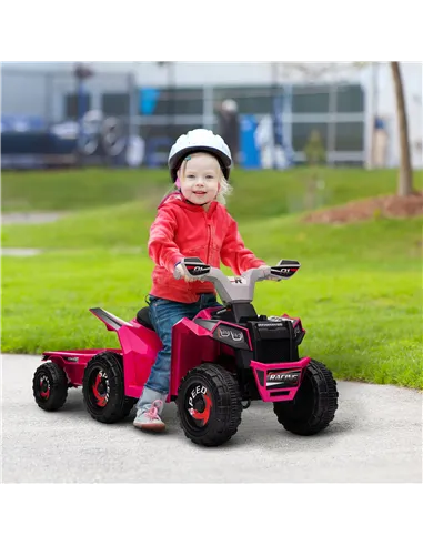 HOMCOM 6V Quad Bike with Back Trailer, Wear-Resistant Wheels, for Ages 18-36 Months, Pink