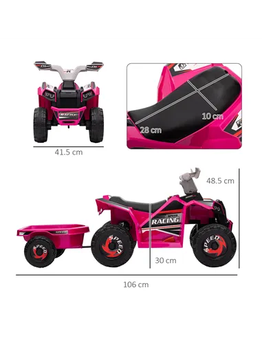 HOMCOM 6V Quad Bike with Back Trailer, Wear-Resistant Wheels, for Ages 18-36 Months, Pink