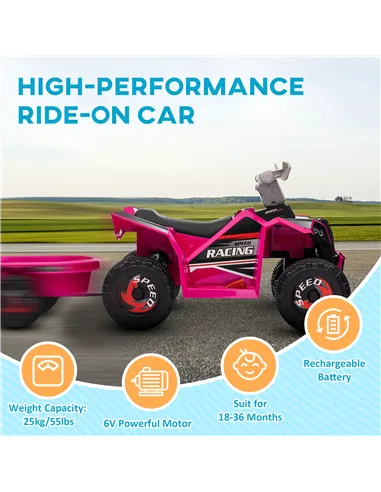 HOMCOM 6V Quad Bike with Back Trailer, Wear-Resistant Wheels, for Ages 18-36 Months, Pink