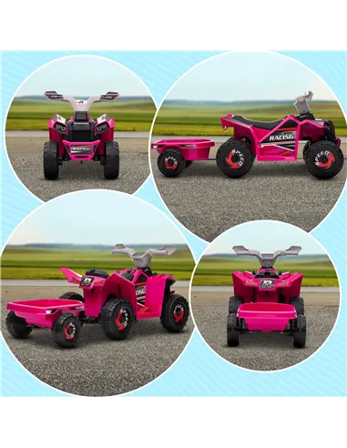 HOMCOM 6V Quad Bike with Back Trailer, Wear-Resistant Wheels, for Ages 18-36 Months, Pink