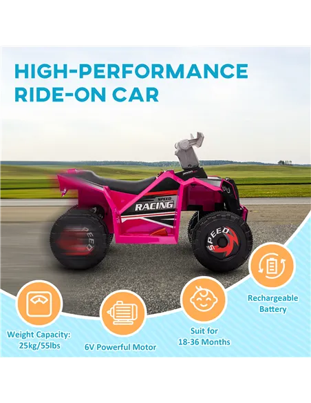 HOMCOM 6V Quad Bike with Wear-Resistant Wheels, Forward Backward Function, for Ages 18-36 Months, Pink