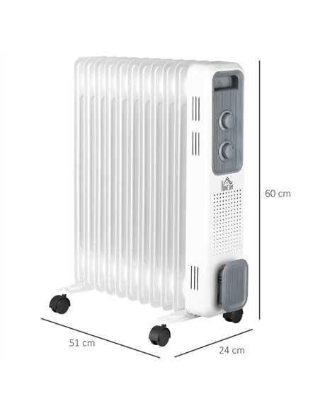 HOMCOM 2500W Oil Filled Radiator, 11 Fin, Portable Electric Heater with 3 Heat Settings, Safety Cut-Off and Wheels, White