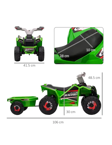 HOMCOM 6V Quad Bike with Back Trailer, Wear-Resistant Wheels, for Ages 18-36 Months, Green