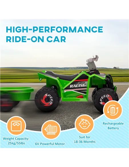 HOMCOM 6V Quad Bike with Back Trailer, Wear-Resistant Wheels, for Ages 18-36 Months, Green