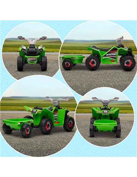 HOMCOM 6V Quad Bike with Back Trailer, Wear-Resistant Wheels, for Ages 18-36 Months, Green