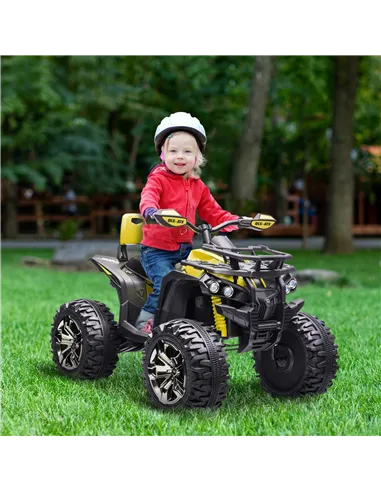 HOMCOM 12V Quad Bike ATV with LED Lights, Music, Backrest, Forward, Backward, Yellow